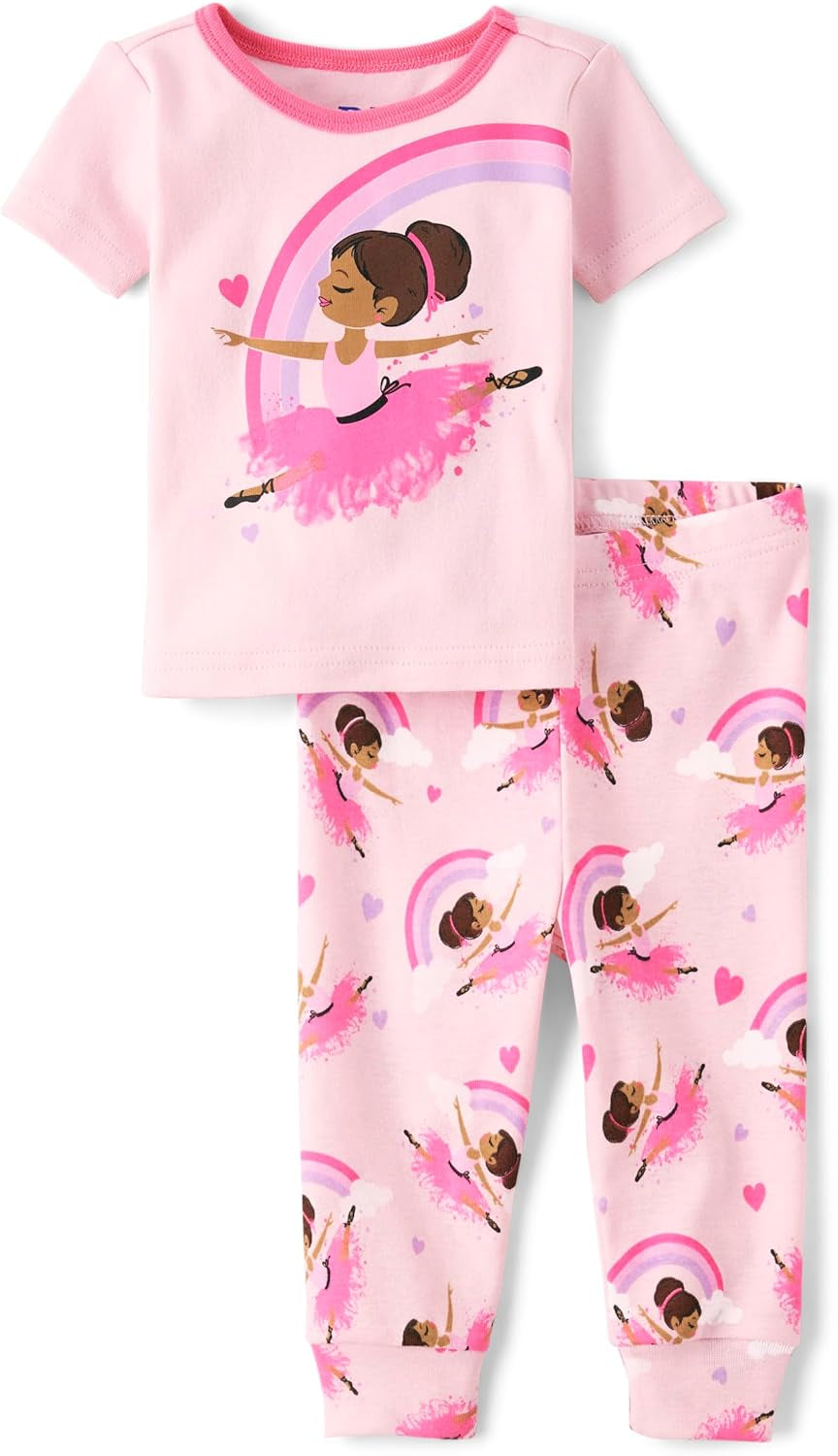 Baby Girls' and Toddler Short Sleeve Top and Pants Snug Fit 100% Cotton 2 Piece Pajama Set