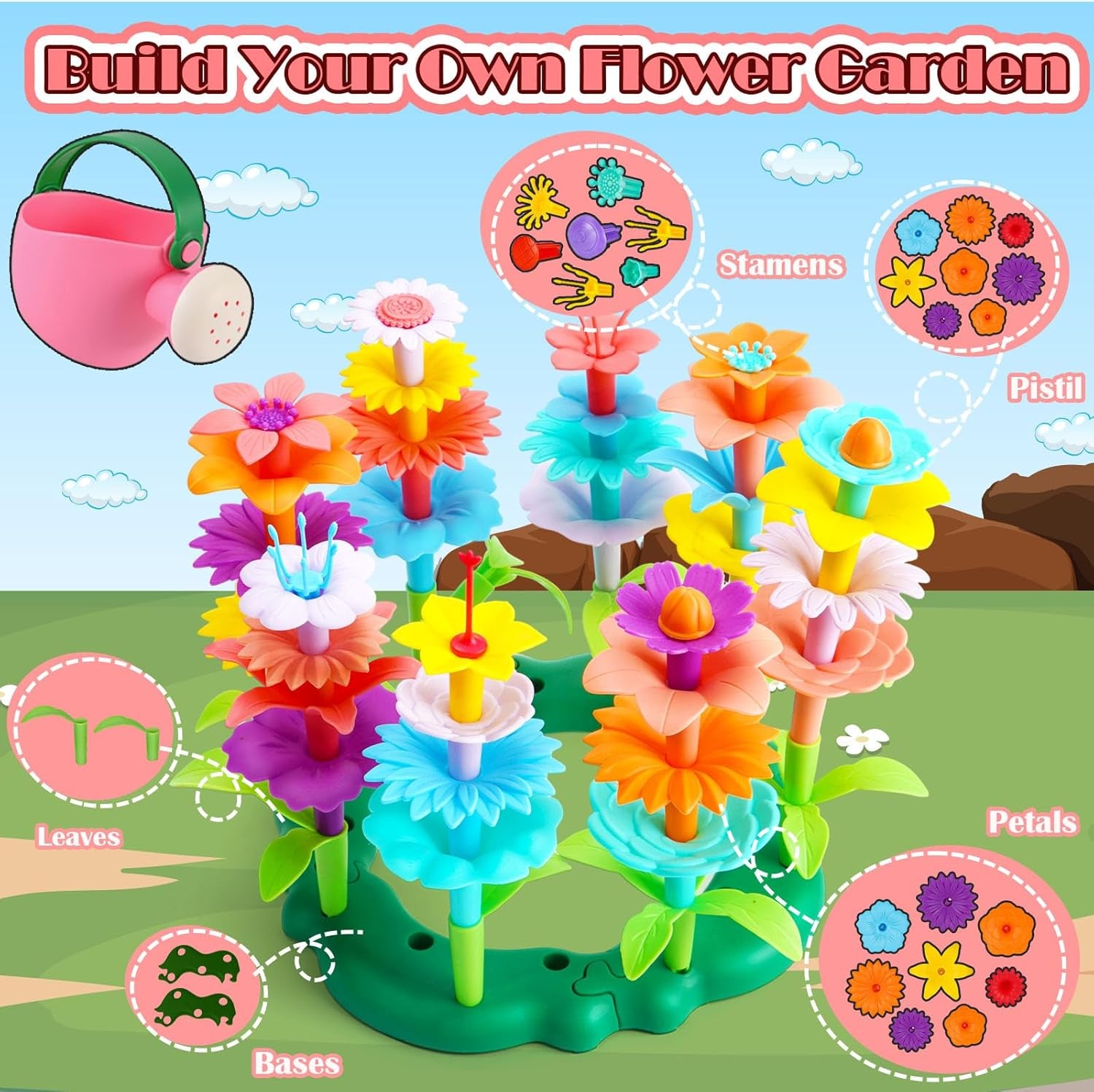 Flower Garden Building Toys Set - Birthday Gifts for Age 2 3 4 5 6 Years Old Girl, STEM Montessori Educational Toy for Toddler Kid, Sorting & Stacking Spring Gardening Set for Birathday Gift