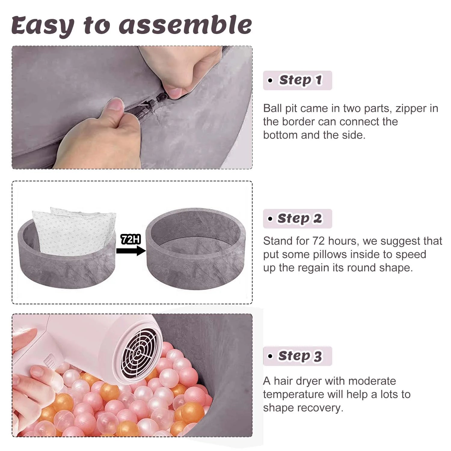 Foam Ball Pit - Soft Play for Baby Infants and Toddlers Ages 1-3, round Shape, No Balls Included, Gray