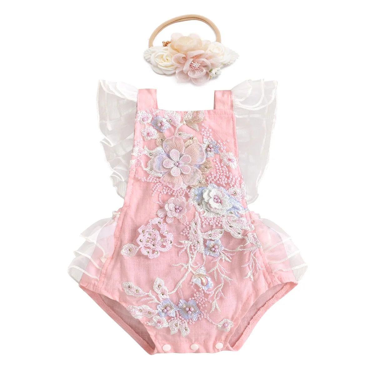 Baby Girls Lace Bodysuit Boho Clothes 1St Birthday Cake Smash Outfit Newborn Photography Outfits Summer Sunsuit 3-6 Months Pink Floral Embroidery