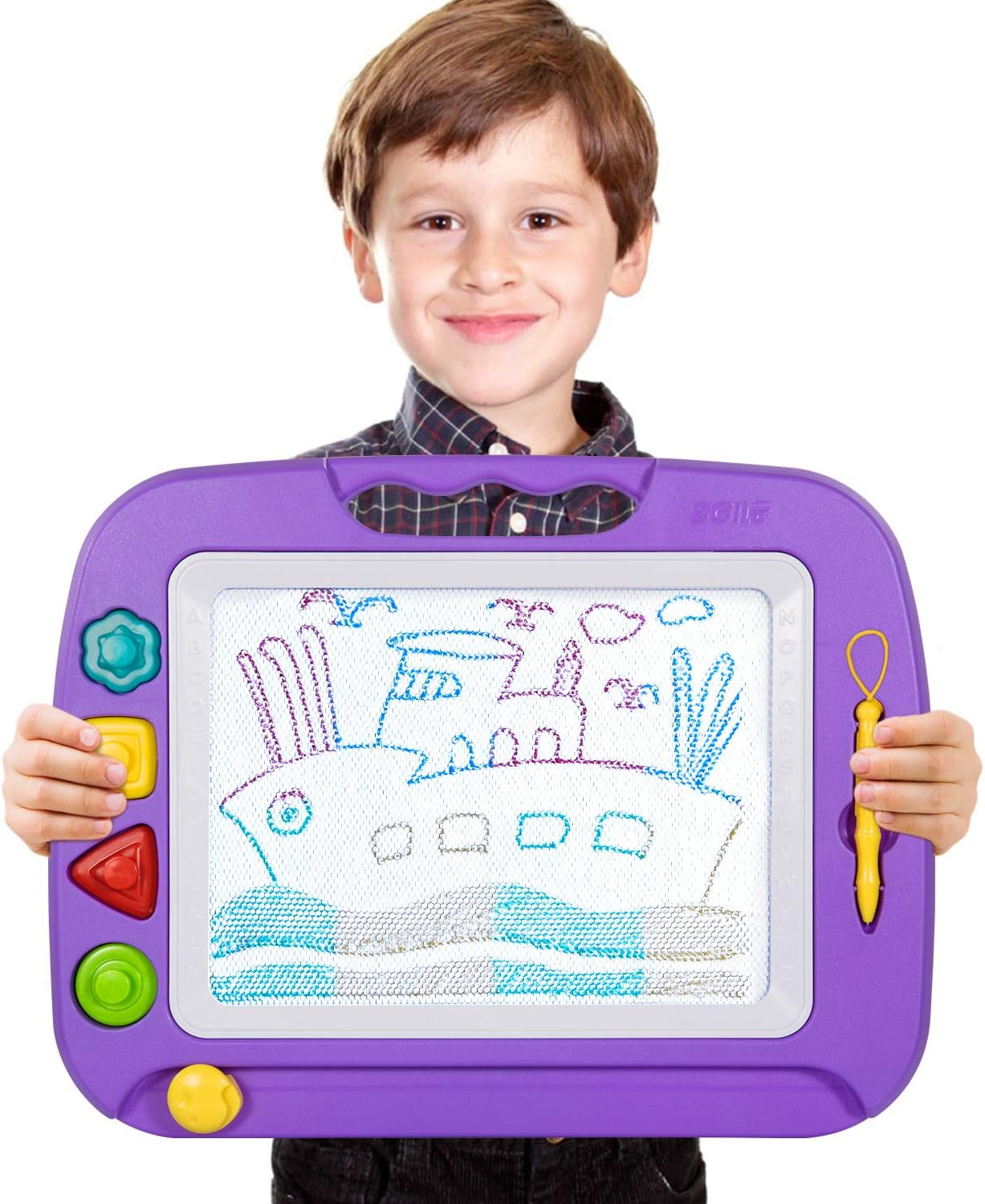 Large Magnetic Drawing Board - 4 Colors 16×13In Writing Painting Doodle Pad with 4 Stamps for Toddlers, Learning Educational Toy Etch Sketch Gift for 36+ Month Kids Girls Boys, Purple