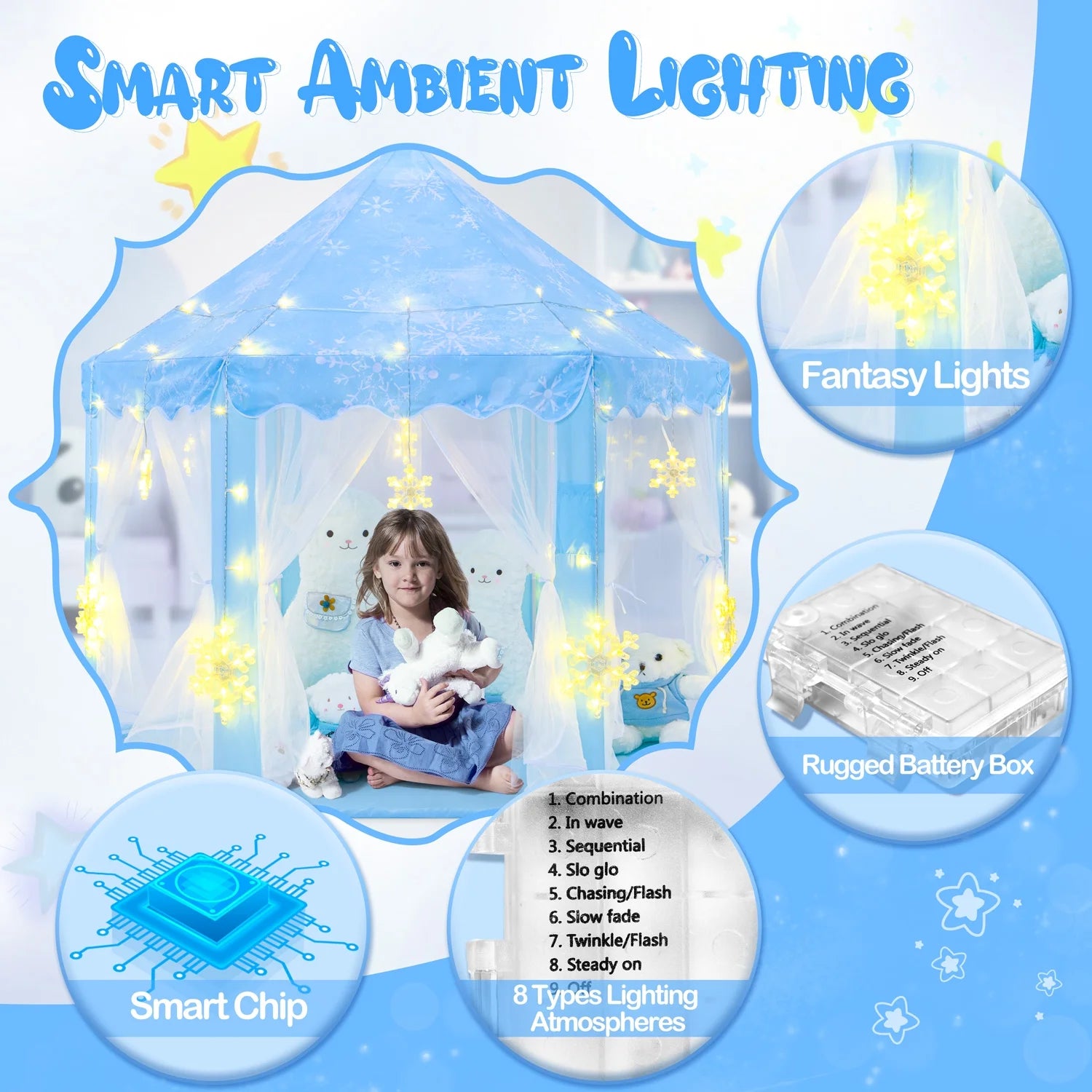 Frozen Princess Tent with Large Snowflake Lights, Frozen Tent for Girls Age 4-7, Kids Play Tent for Girls Indoor, Princess Castle Playhouse Tent for Toddlers, Blue Frozen Toy Tent 55X53 Inch