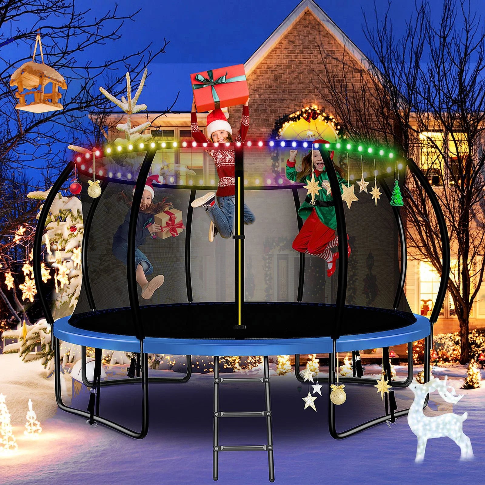 Pumpkin Trampoline with Basketball Hoop,Sprinkler,Light, 1000Lbs 10FT 12FT 14FT Trampoline for Adults and Kids, No Gap Design Backyard Trampoline with Enclosure Net, Ladder, Blue