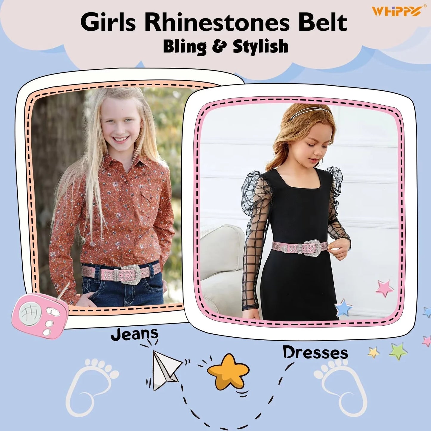 Kids Western Belt for Girls Boys Toddler Cowboy Cowgirl Belt for Jeans Dresses Rhinestone Studded Leather Belt
