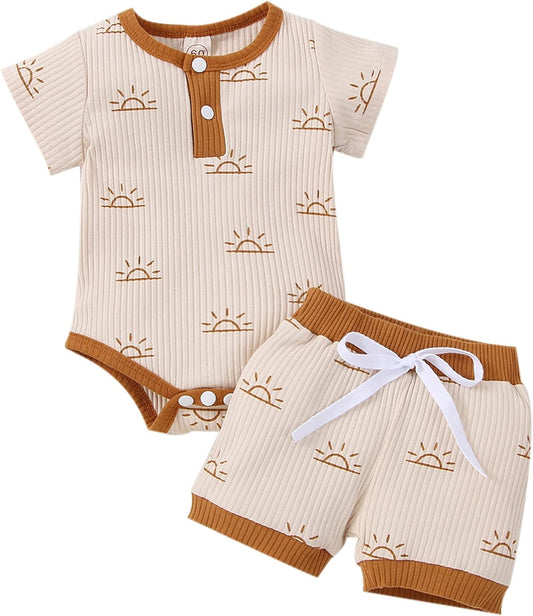 Unisex Babie Clothes Summer Girls Boys Short Sleeve Romper Drawstring Shorts 2-Piece 12-18 Months