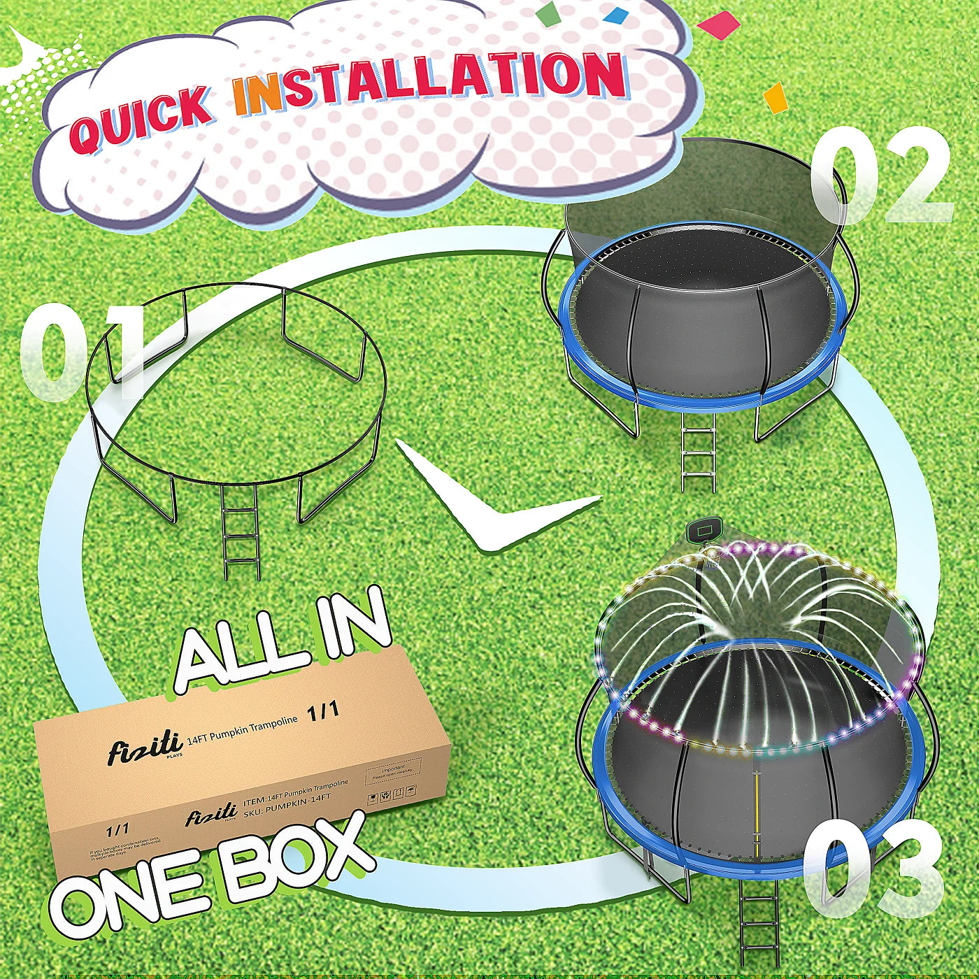 Pumpkin Trampoline with Basketball Hoop,Sprinkler,Light, 1000Lbs 10FT 12FT 14FT Trampoline for Adults and Kids, No Gap Design Backyard Trampoline with Enclosure Net, Ladder, Blue