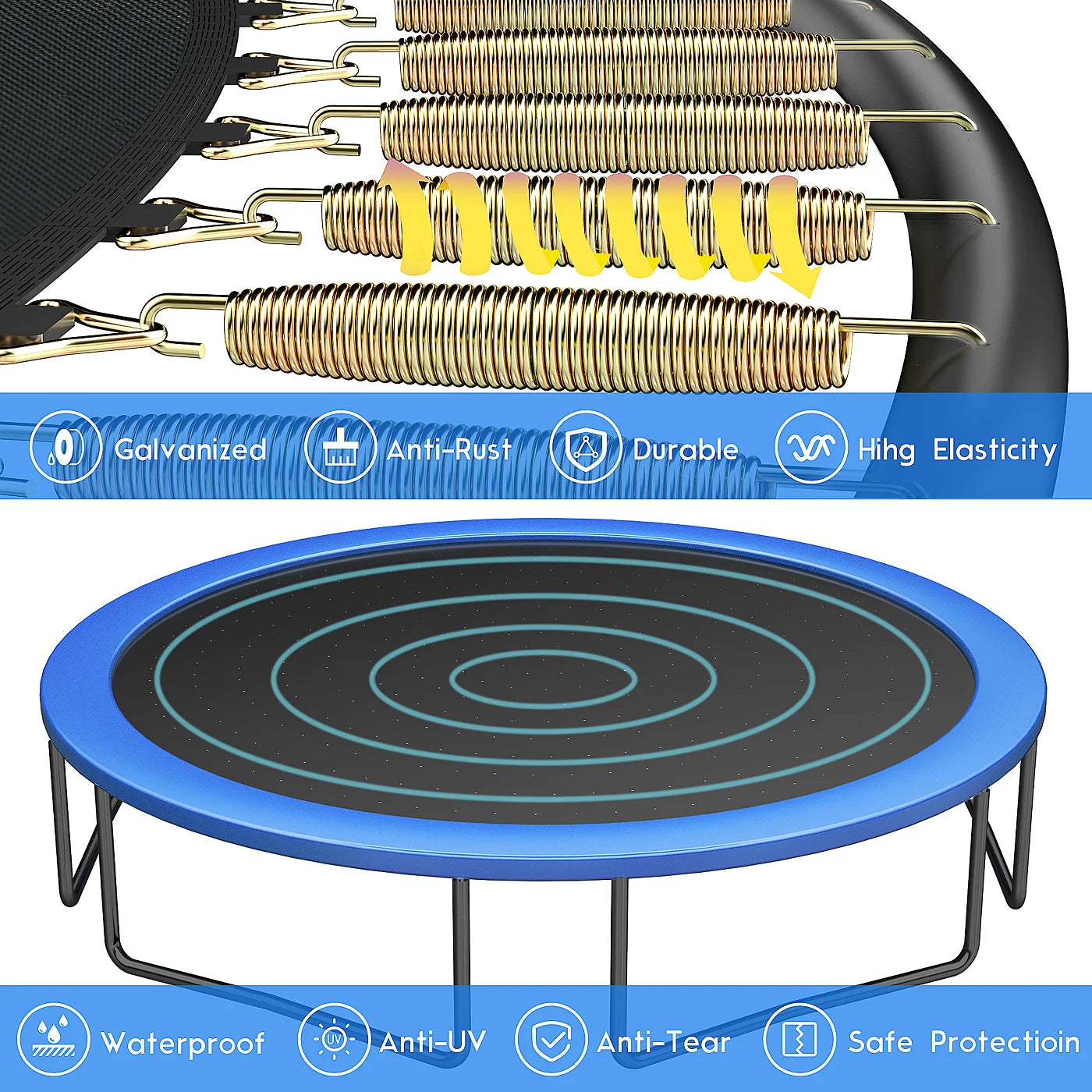 Pumpkin Trampoline with Basketball Hoop,Sprinkler,Light, 1000Lbs 10FT 12FT 14FT Trampoline for Adults and Kids, No Gap Design Backyard Trampoline with Enclosure Net, Ladder, Blue