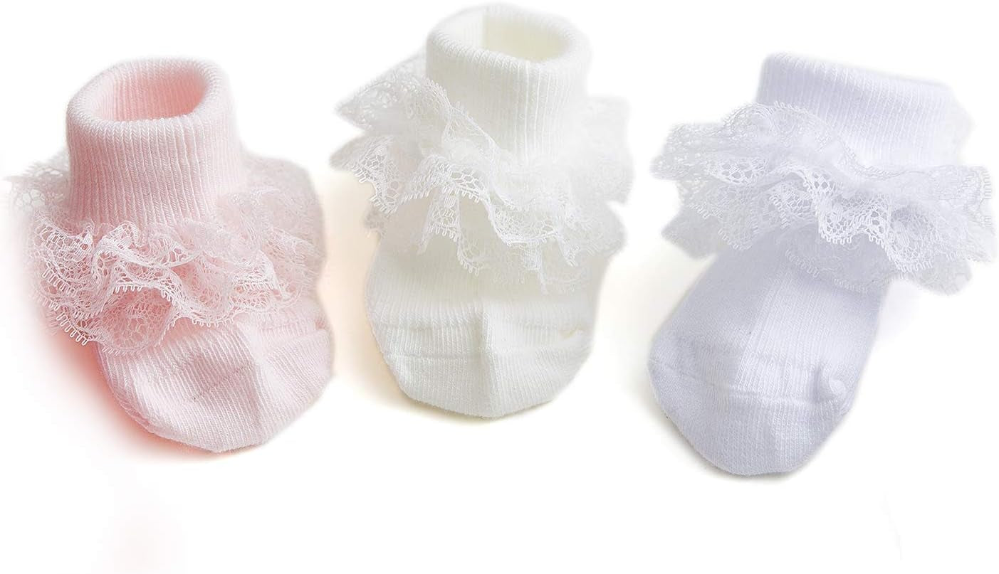 Baby-Girls Eyelet Turn Cuff Ruffle Lace Socks Triple Lace Dressy Socks Newborn/Infants/Toddlers 3/5 Pairs
